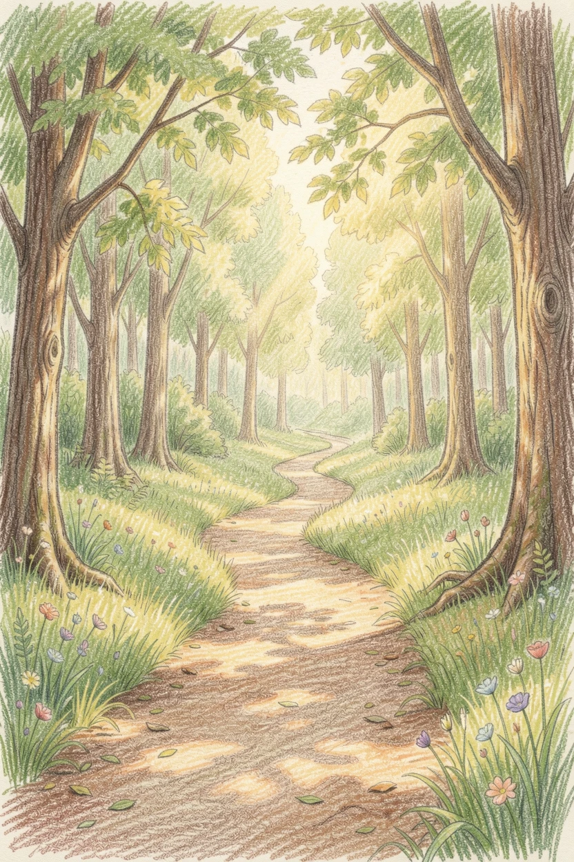 A winding path through a sunlit forest clearing, with soft, diffused light creating a tranquil atmosphere, capturing a gentle sense of hope and renewal.