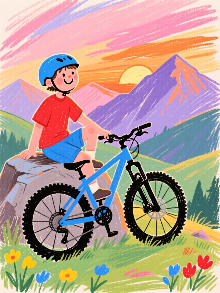 A mountain biker resting at a scenic overlook at sunset.