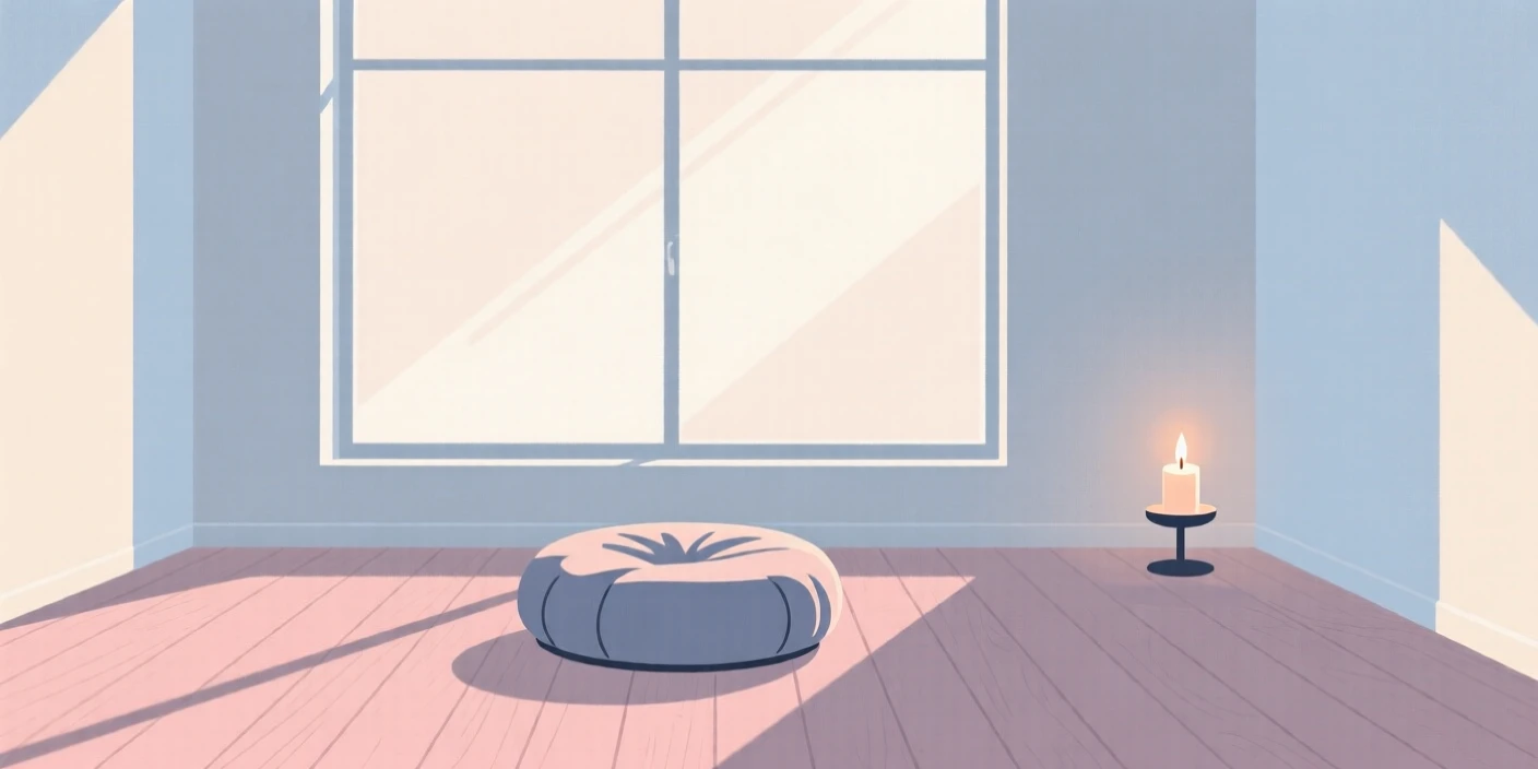 A minimalist meditation room with a cushion and soft candlelight, placed near a large window with morning light streaming in, composed with a relaxed, candid feel, with gentle pastel tones evoking calm and comfort.