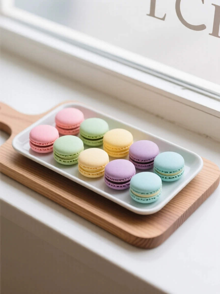A homemade tray of colorful macarons cooling near a rustic wooden board on a café windowsill, expressing cozy indulgence.