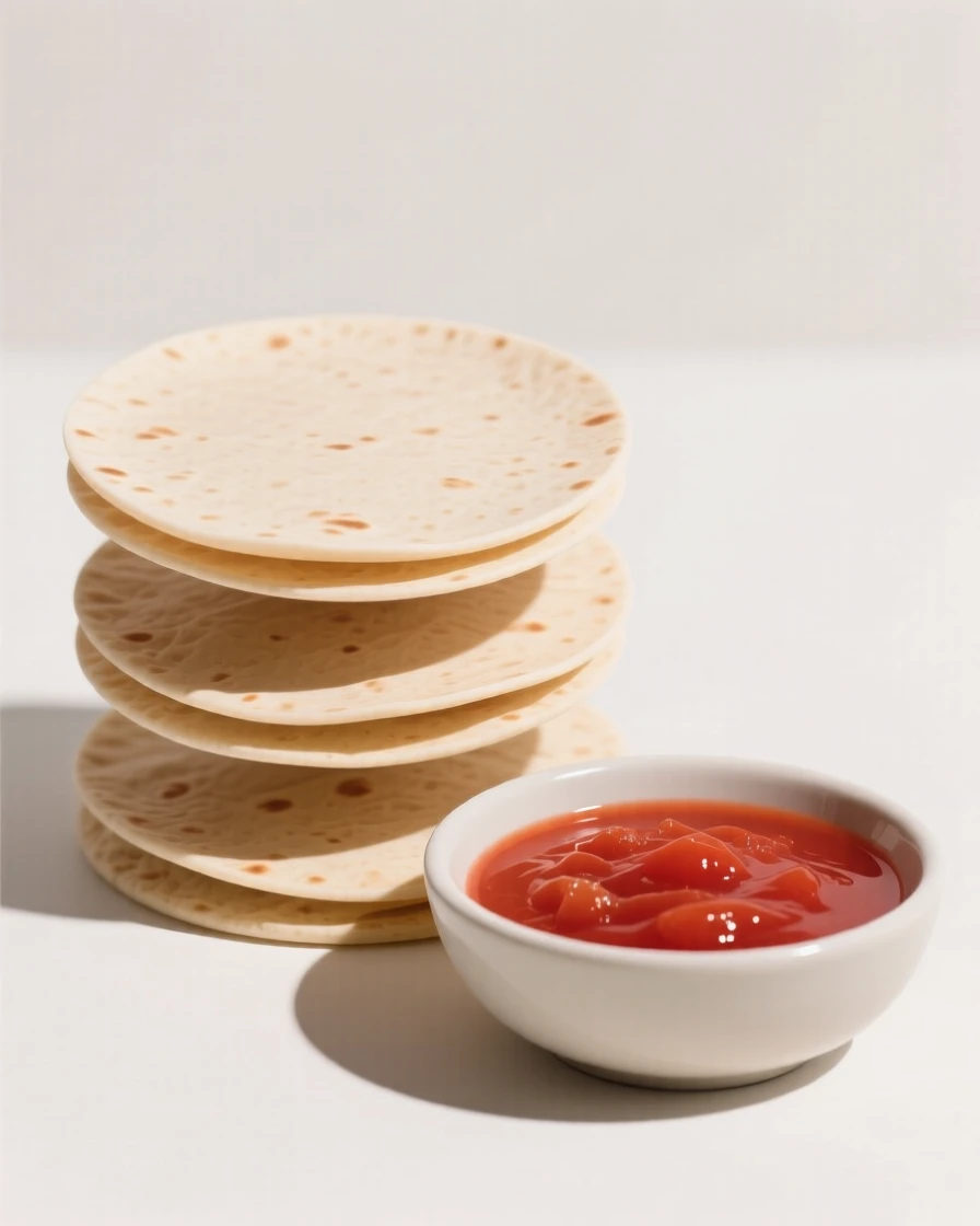 A stack of tortillas beside fresh salsa