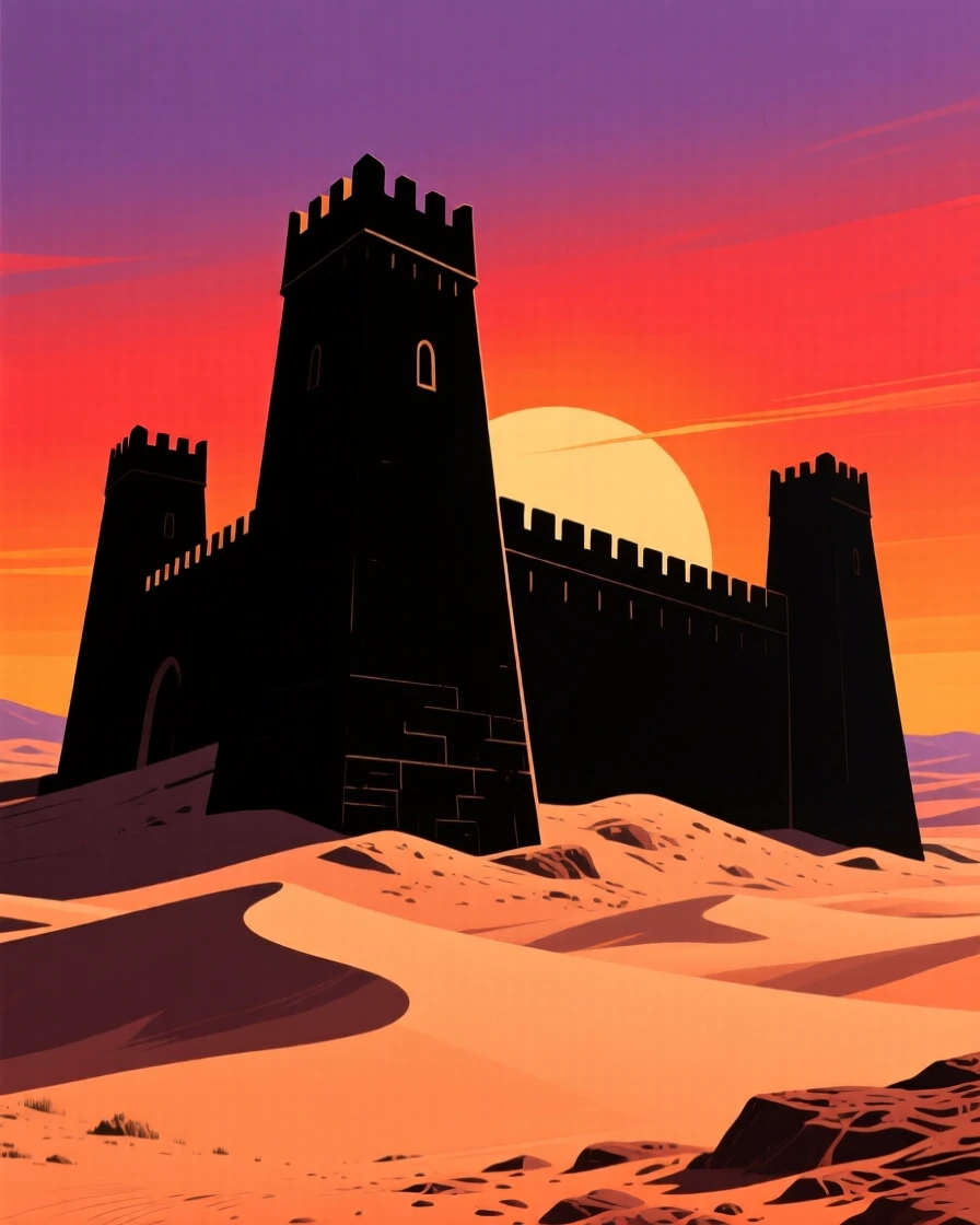 A vast desert fortress with high walls rising from the sand.