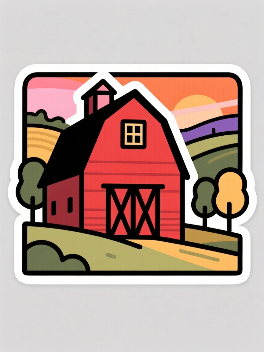A serene quiet countryside with a red barn, reflecting the colors of the sunset, perfect for a moment of quiet reflection.
