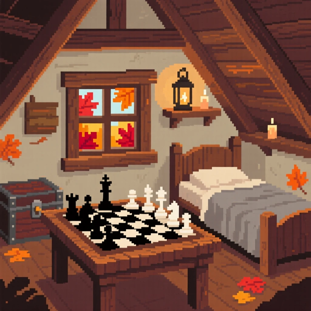 A tiny attic bedroom topped with a chessboard mid-game, in a countryside cottage during autumn.