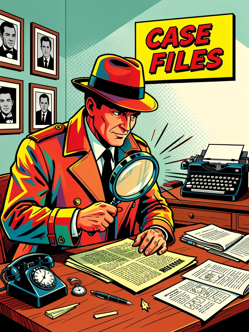 A detective examining clues in a vintage office