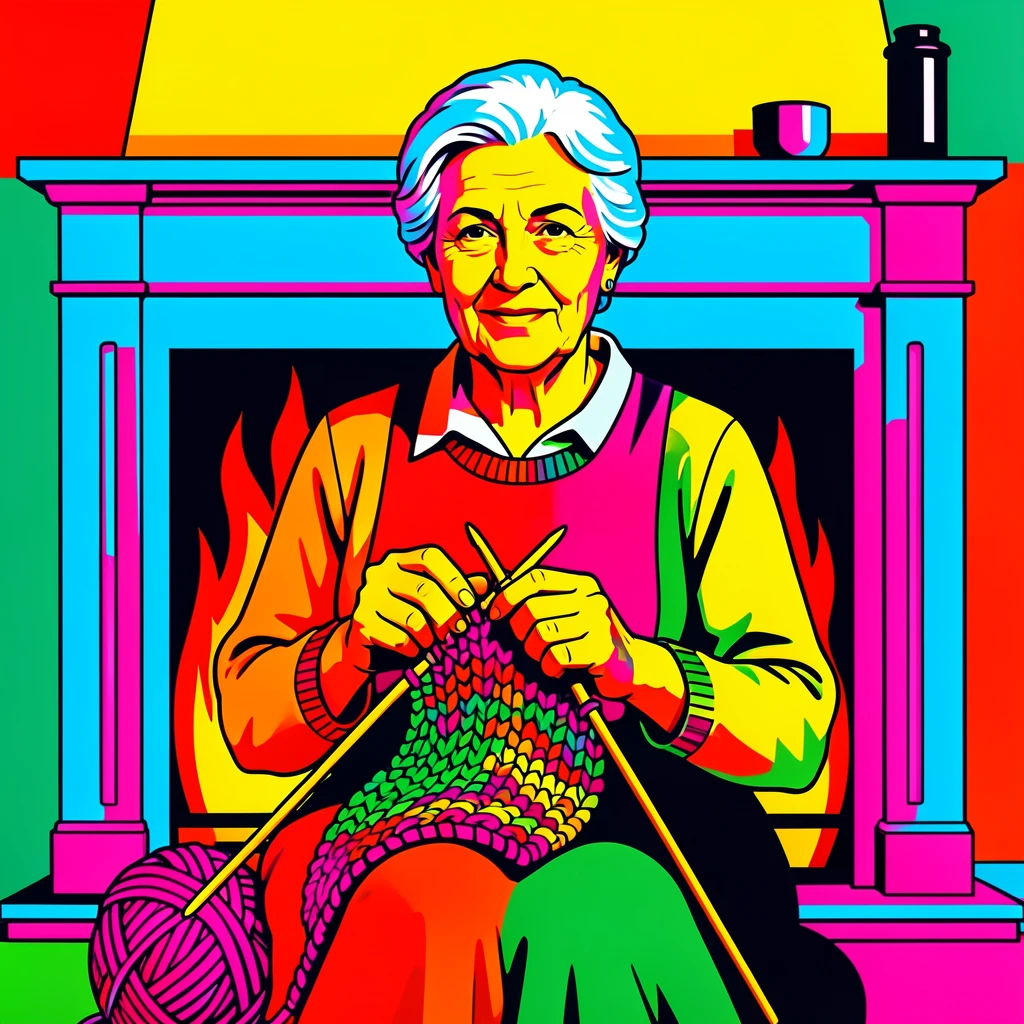 Grandmother knitting by a fireplace
