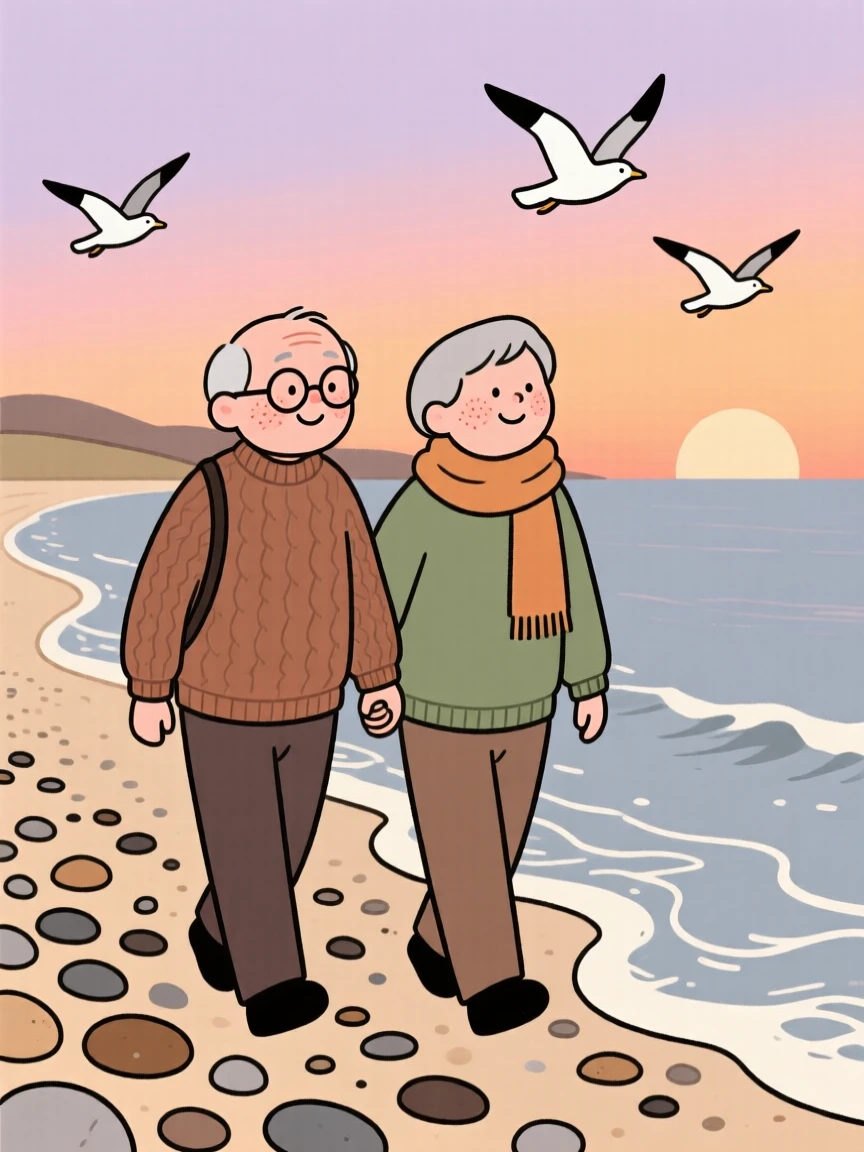 Waves roll gently onto a stretch of pebbled shore where two old friends walk along the shoreline, watching the sunset together as gulls glide overhead.