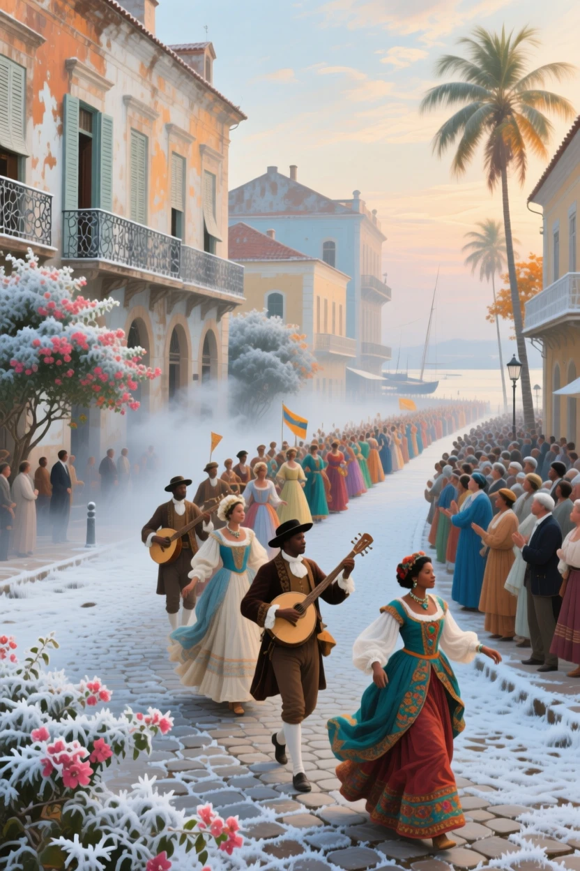 A wide establishing shot of a costumed parade winding through a historic town square, in a Caribbean port town, during the first frost of autumn.