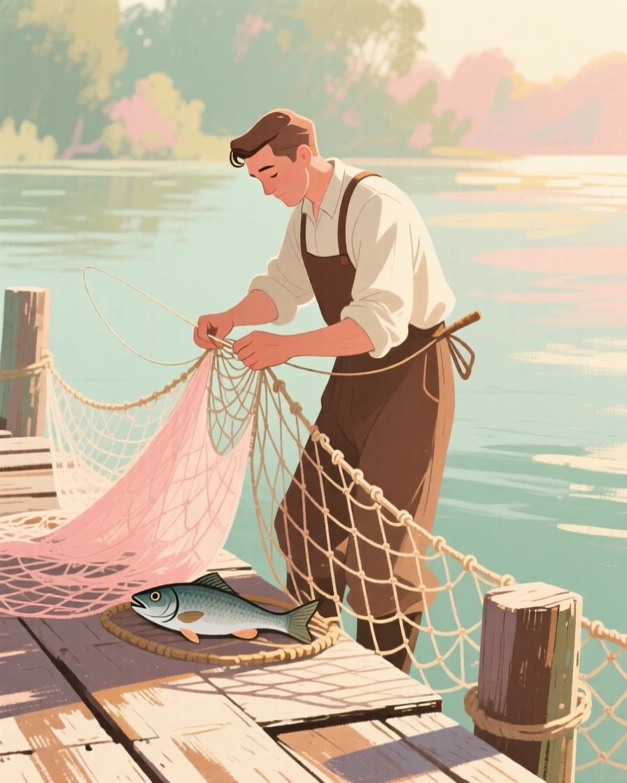 A fisherman mending nets on a weathered wooden dock