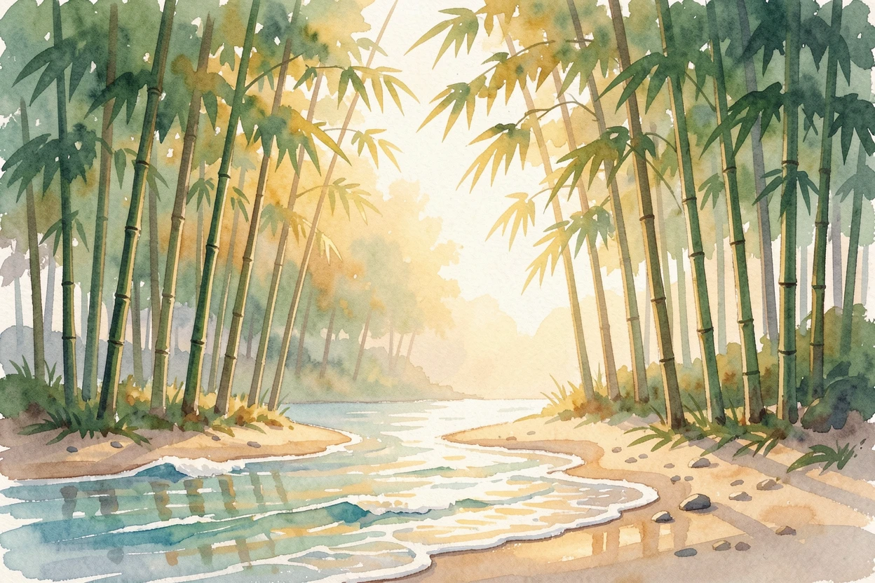 A bamboo grove at golden hour with gentle waves lapping the shore.
