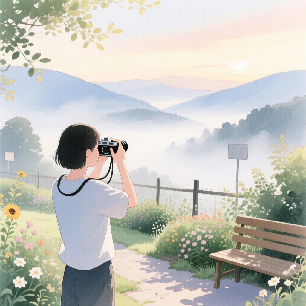 A peaceful scene of someone photographing a misty valley in a sunlit garden, fully absorbed in a quiet, joyful moment
