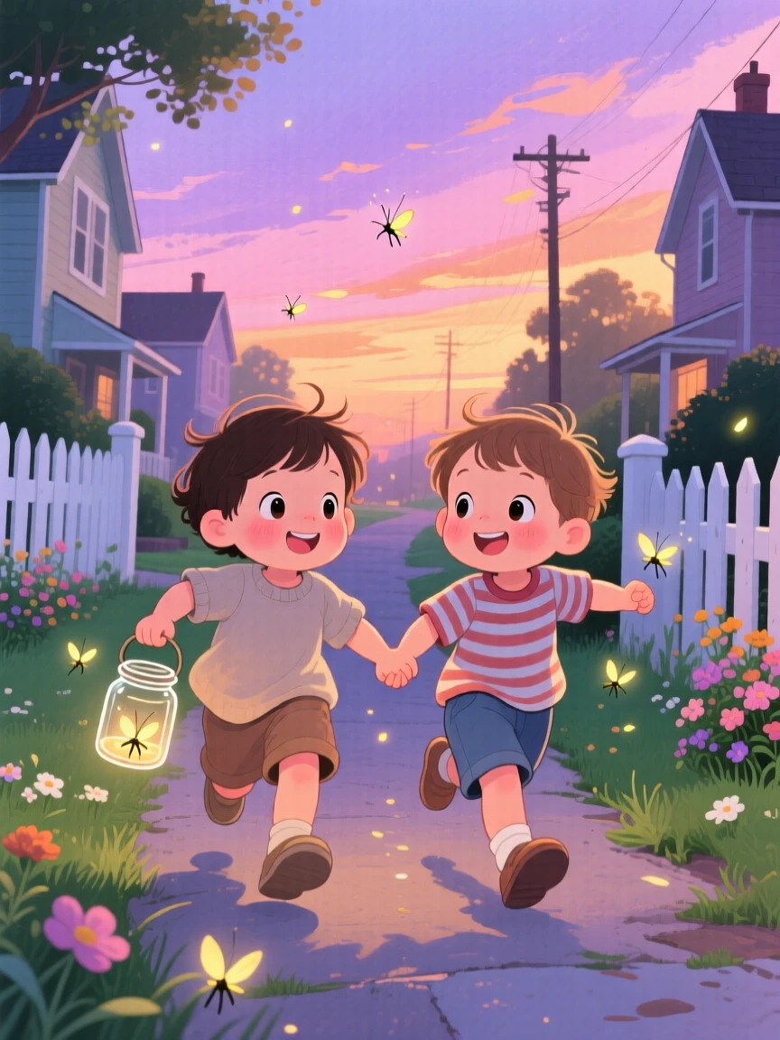 Twin toddlers holding hands chasing fireflies at dusk with a glass jar, in a small-town street lined with picket fences, showing the magic of a simple, joyful moment.