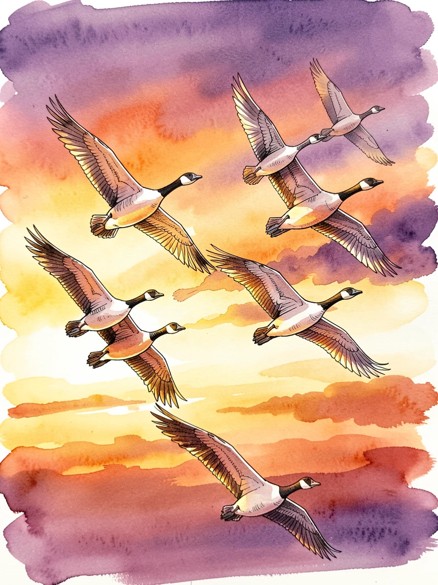 A flock of geese flying in formation across a colorful sunset sky, the golden light of late afternoon warming the scene.