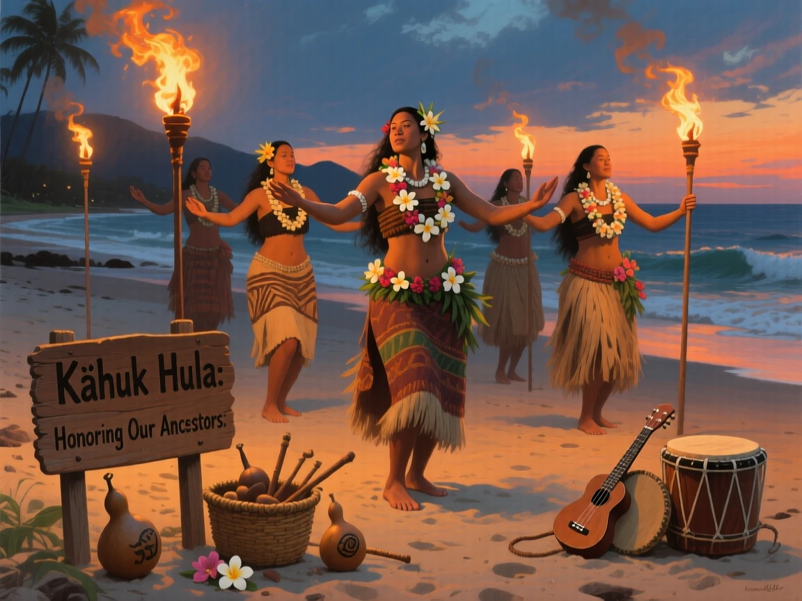 Native Hawaiian dancers performing hula on a torch-lit beach at dusk, capturing the customs and craftsmanship unique to the era, honoring the customs, craftsmanship, and spirit of the time