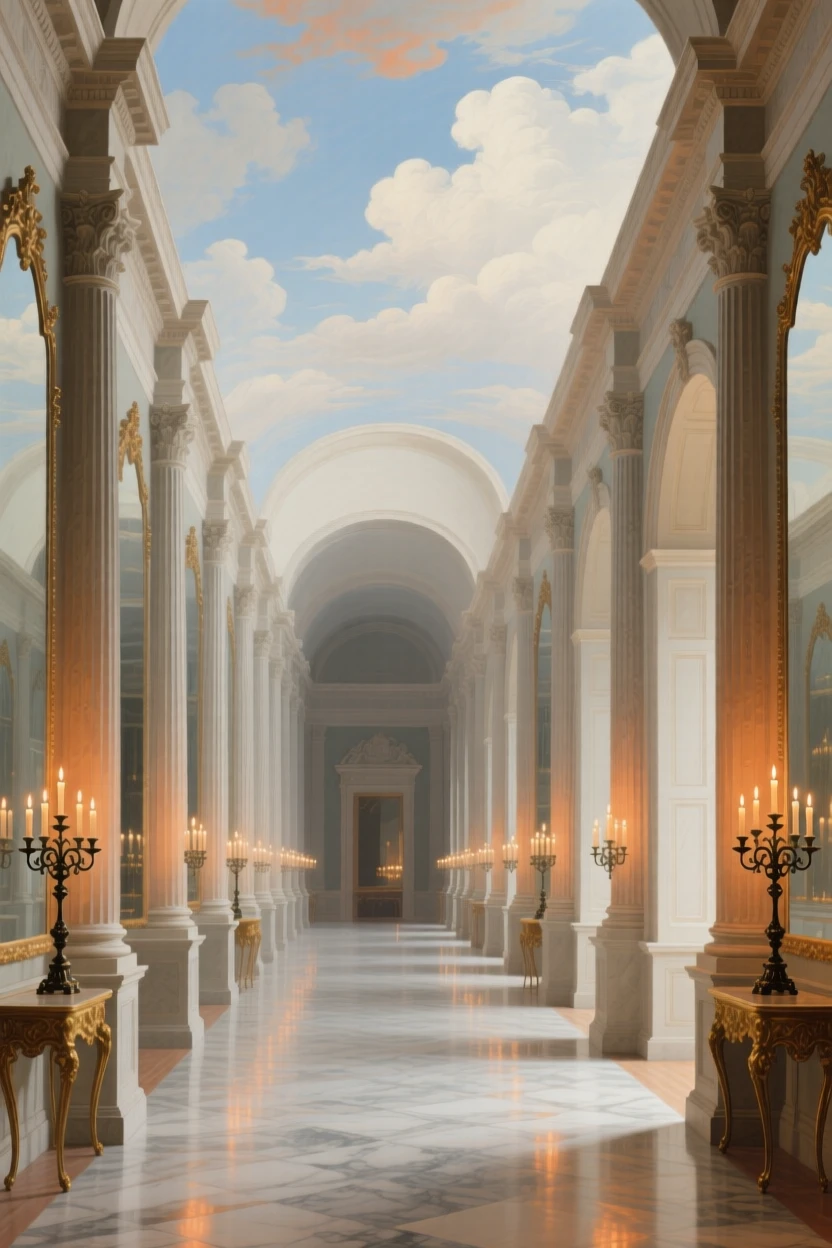 A grand ballroom with mirrored walls multiplying candlelight endlessly holding the quiet grandeur of a bygone era, set inside a grand academy of art and learning, with towering columns rising toward a painted, cloud-filled ceiling; symmetry and repetition of arches create a sense of timeless order, suggesting both luxury and profound stillness.