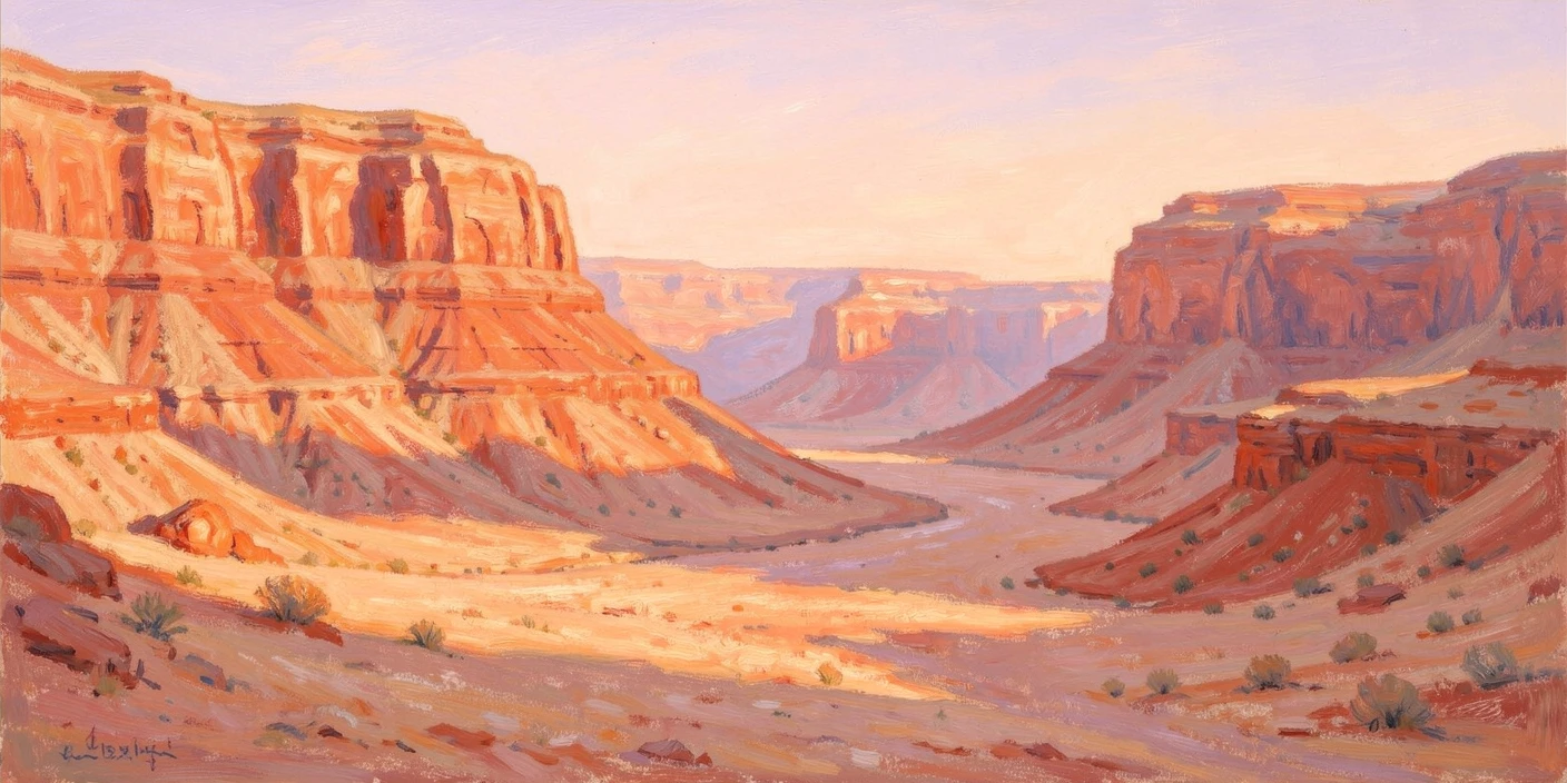 A desert canyon at sunset, layered red rock formations glowing amber and rose as long shadows stretch across the sand.
