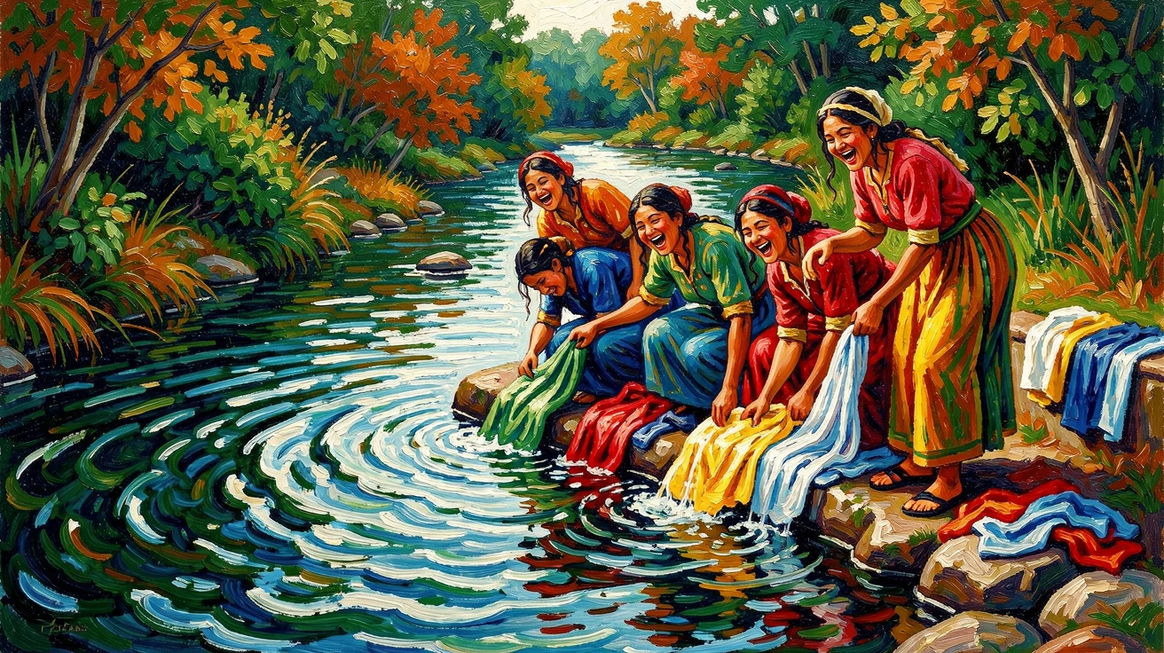 A group of women washing clothes together at a riverbank, laughter echoing across the water.