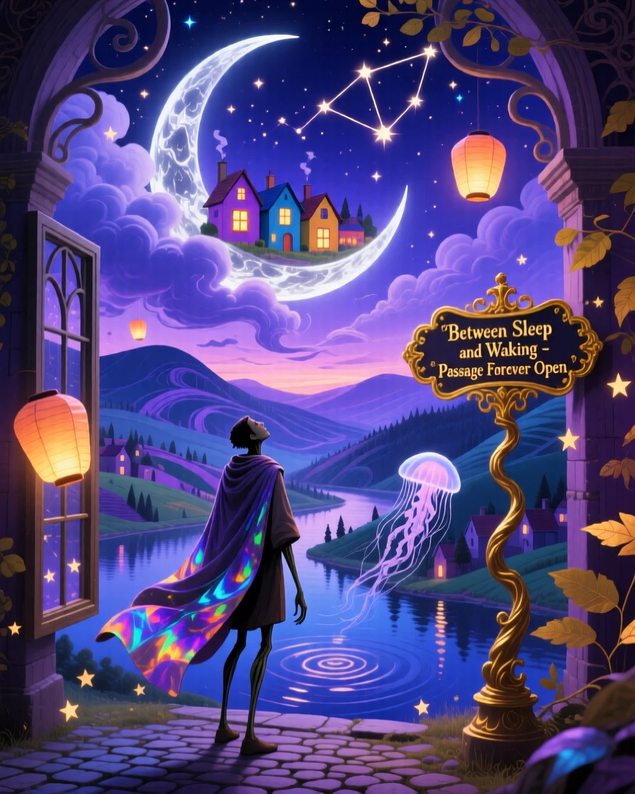 A crescent moon cradling a small sleeping village in its curve hangs silently over a sleeping world below, while a lone traveler watches from an open window.