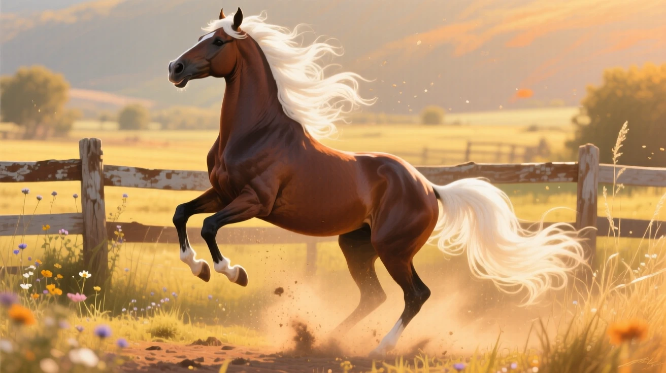A regal Andalusian stallion rears up in a sunlit paddock, its white mane flowing dramatically as dust particles catch the golden afternoon light, the scene suggesting a fleeting, candid moment rather than a posed encounter.
