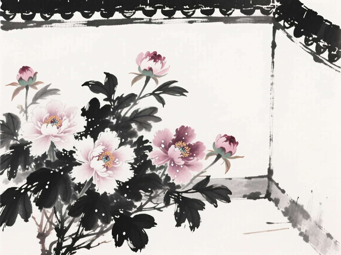 A cluster of peonies blooms fully in a walled garden, as morning light catches the dew on each petal.