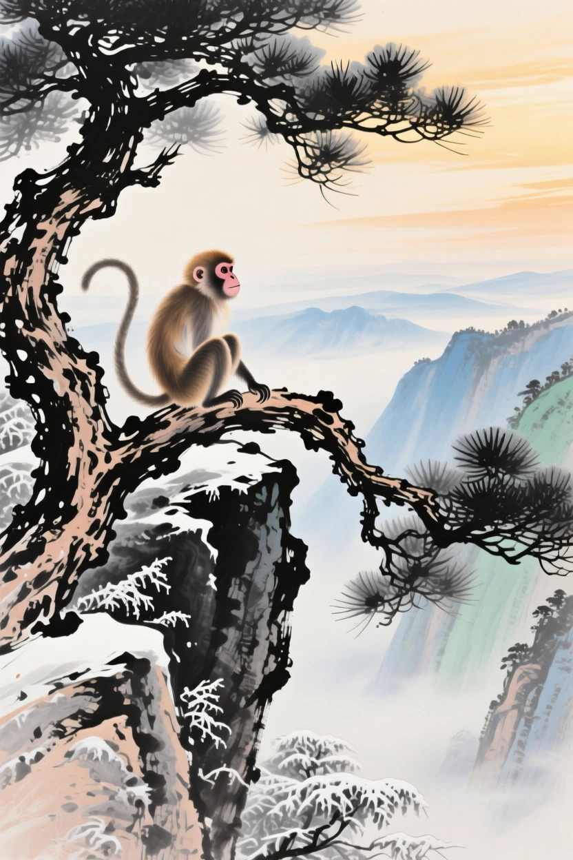 A monkey perched on a cliffside pine watching the valley below, conveying a deep sense of harmony with nature, in the last golden light of day, as winter frost settles.