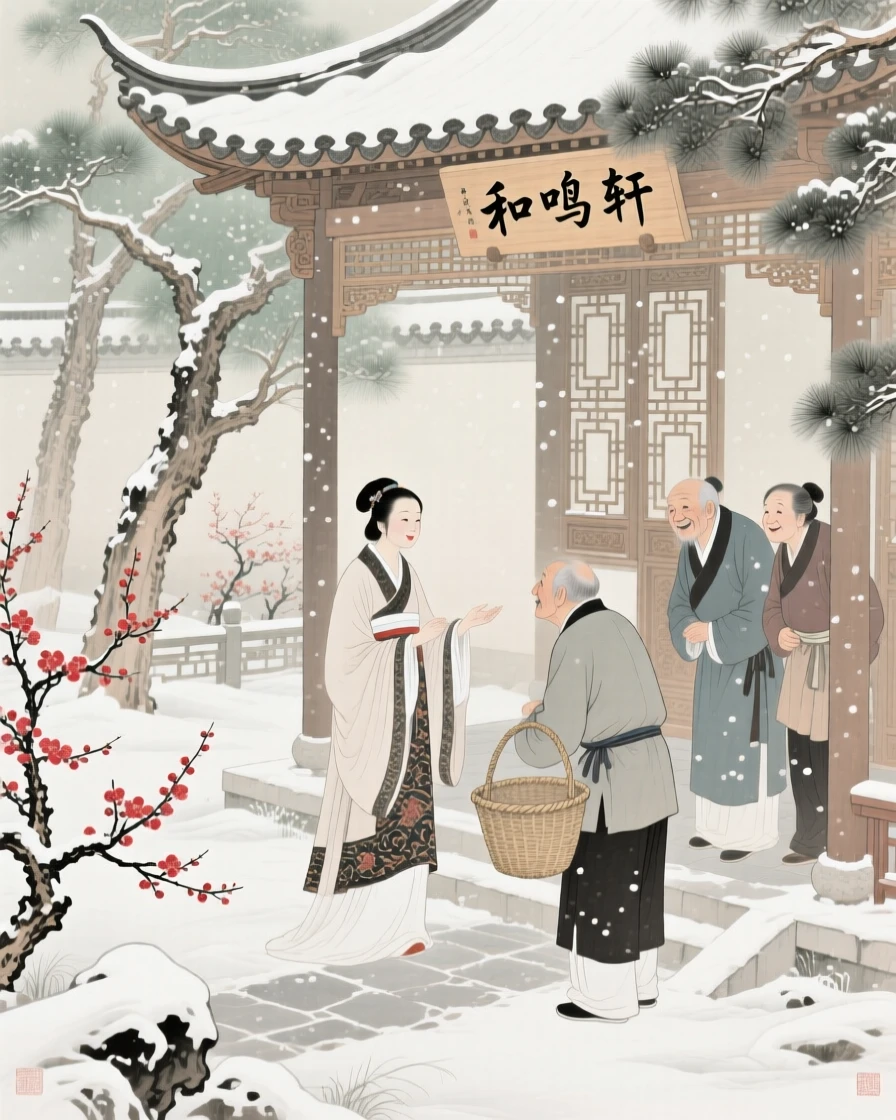 A village healer greeting old friends after years apart in a garden pavilion during a light snowfall