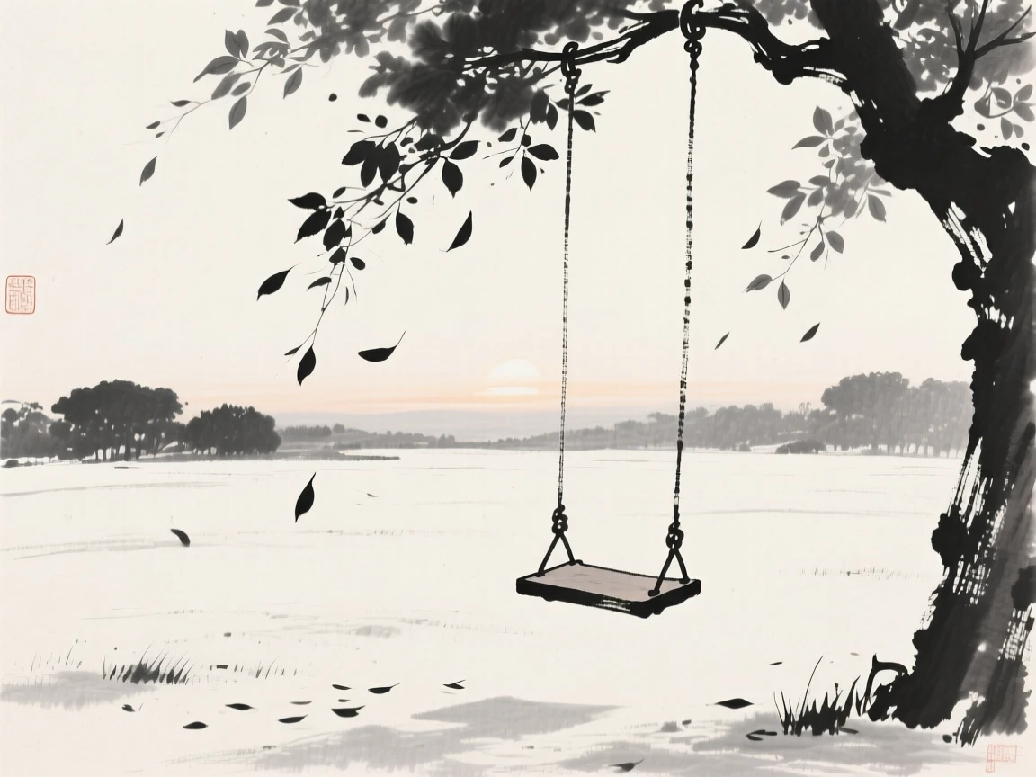 An empty garden swing beneath falling leaves in the hush of early dawn, composed with vast open space to emphasize solitude, capturing a fleeting, meditative moment of peace.