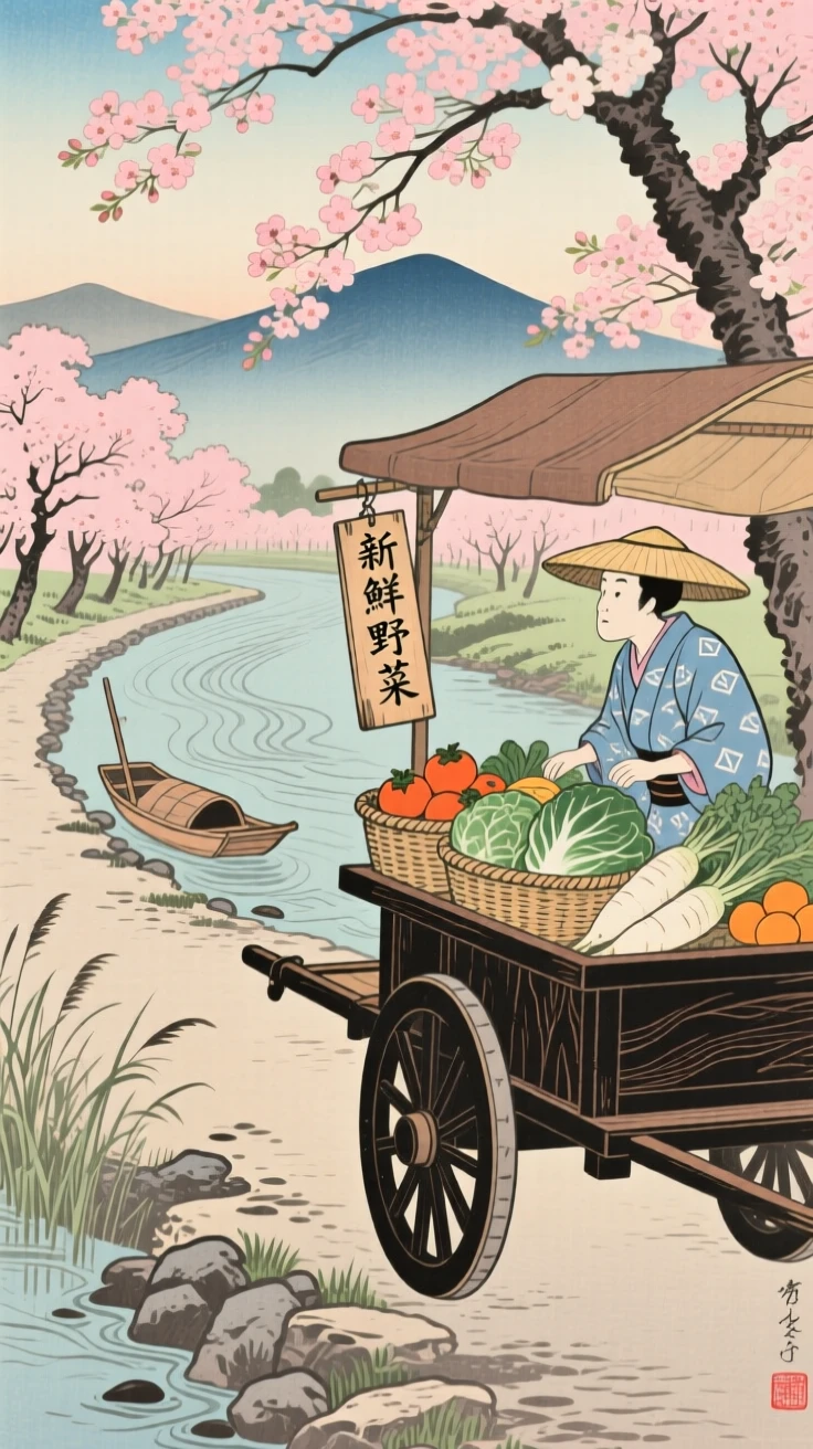 A farmers market stall riding along a scenic cherry-lined riverside path.