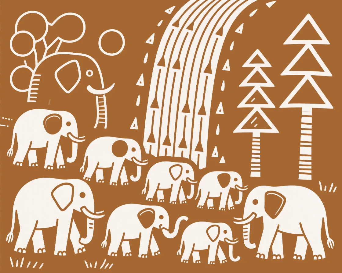 A herd of elephants gathered near a waterfall.