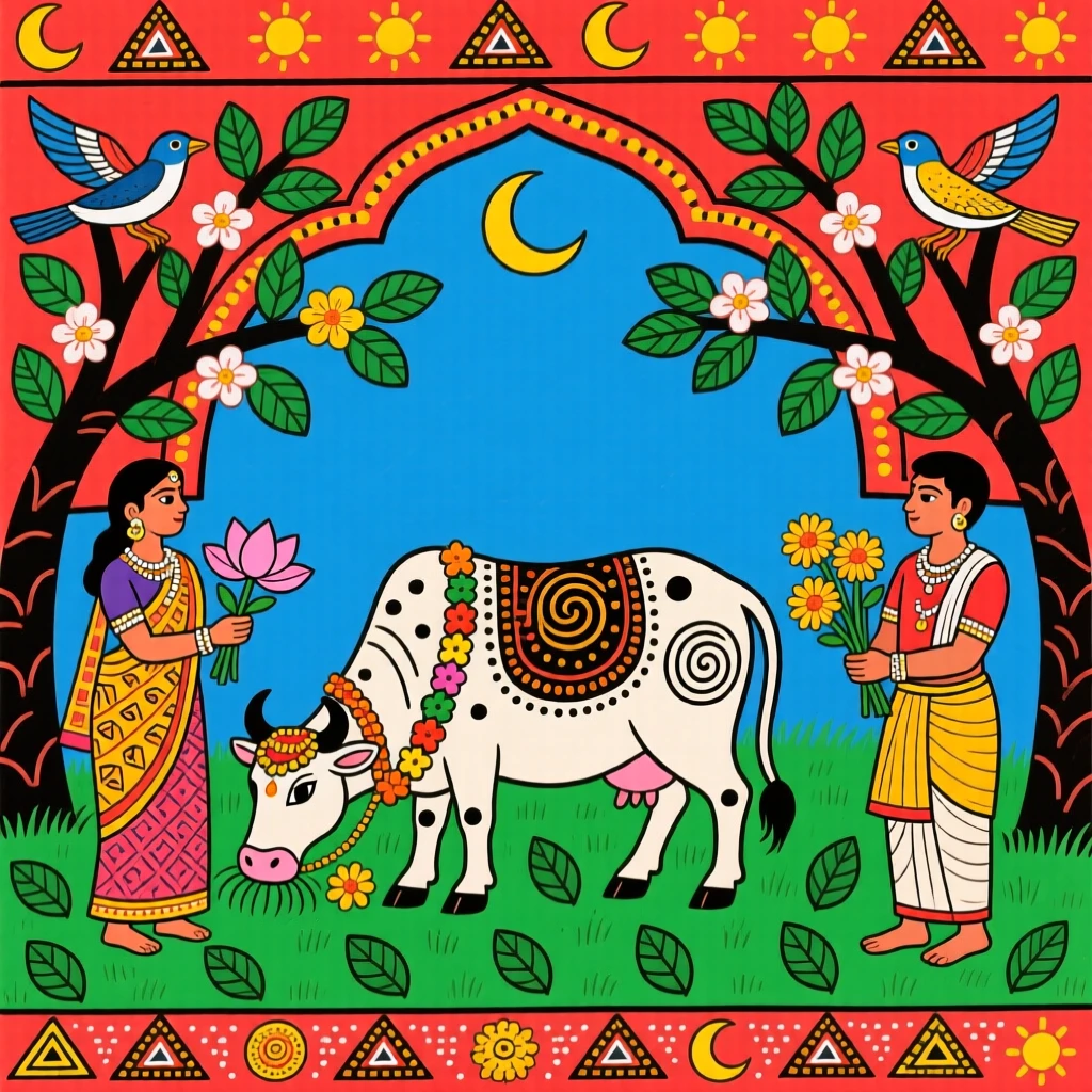 Villagers offering flowers to a gently grazing sacred cow.
