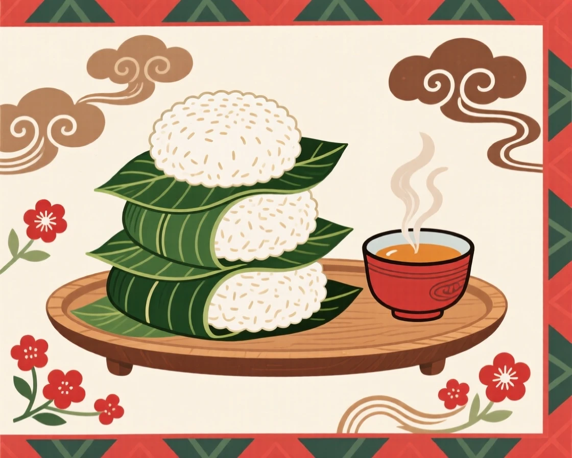 A stack of round rice cakes wrapped in leaves beside a cup of warm tea.