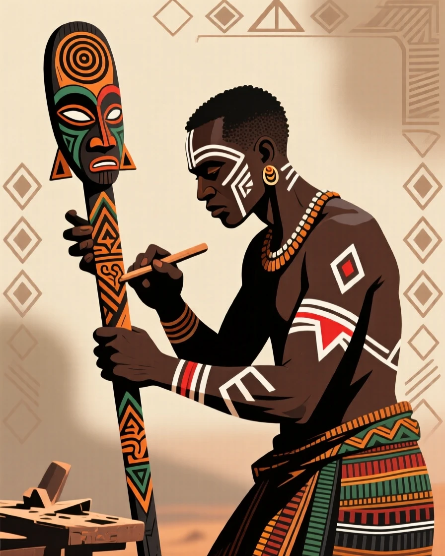 A carver etching symbols into a ceremonial staff.