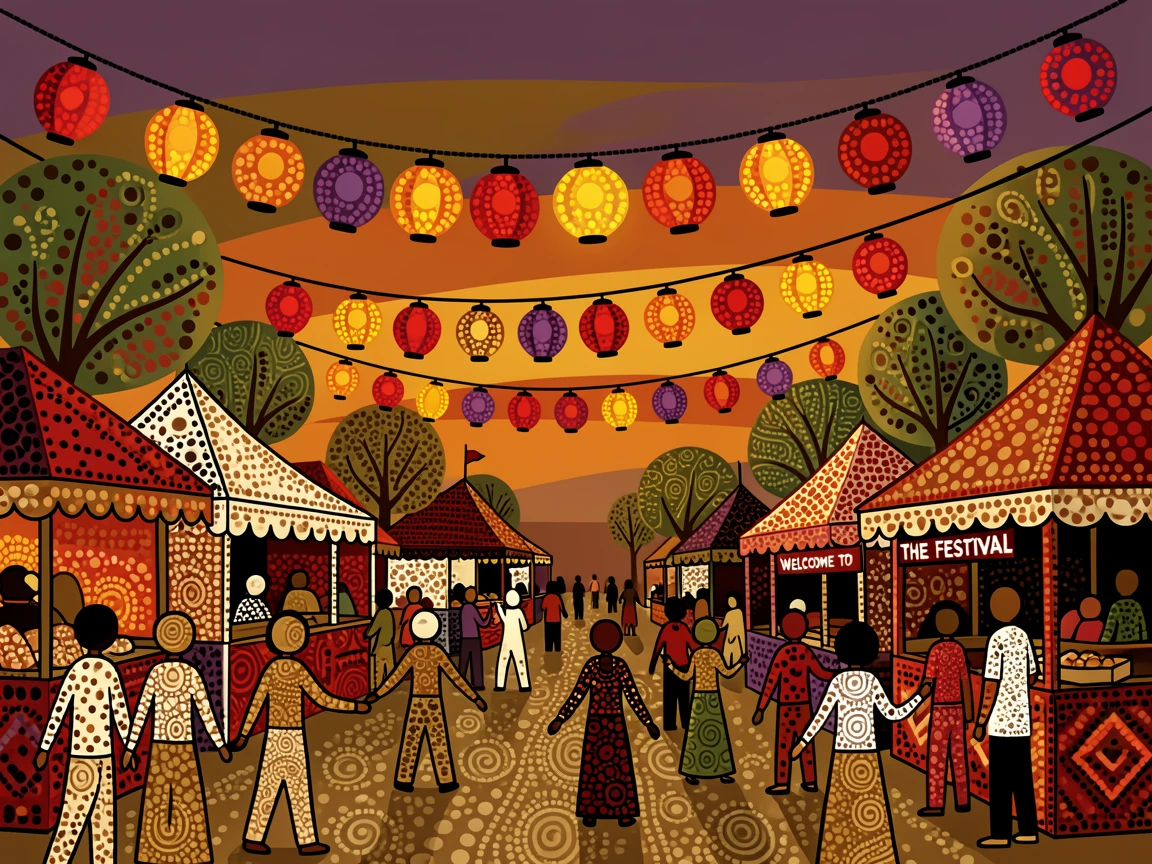 A street festival filled with colorful lanterns at sunset
