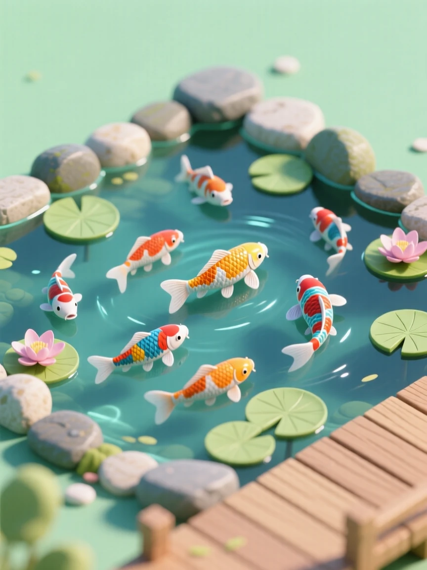 A group of colorful koi fish swimming in a garden pond, their scales glinting beneath floating lily pads.