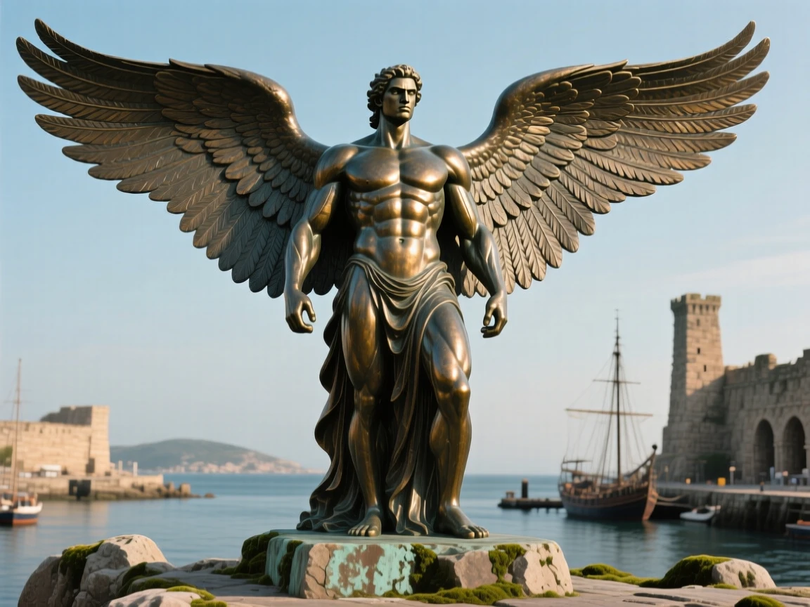 A colossus standing guard over an ancient harbor, with wings fully outstretched in majestic display, radiating awe and grandeur
