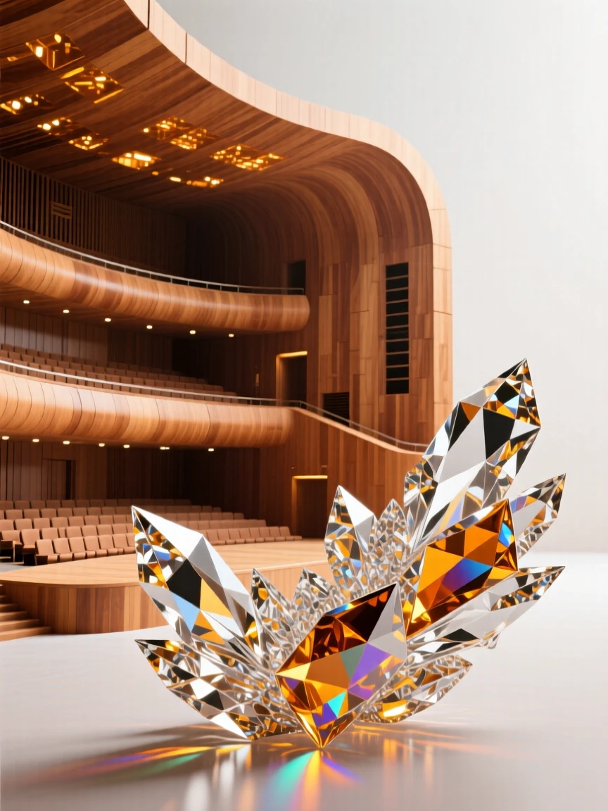 A dramatic modern concert hall interior with sweeping wooden acoustic panels.