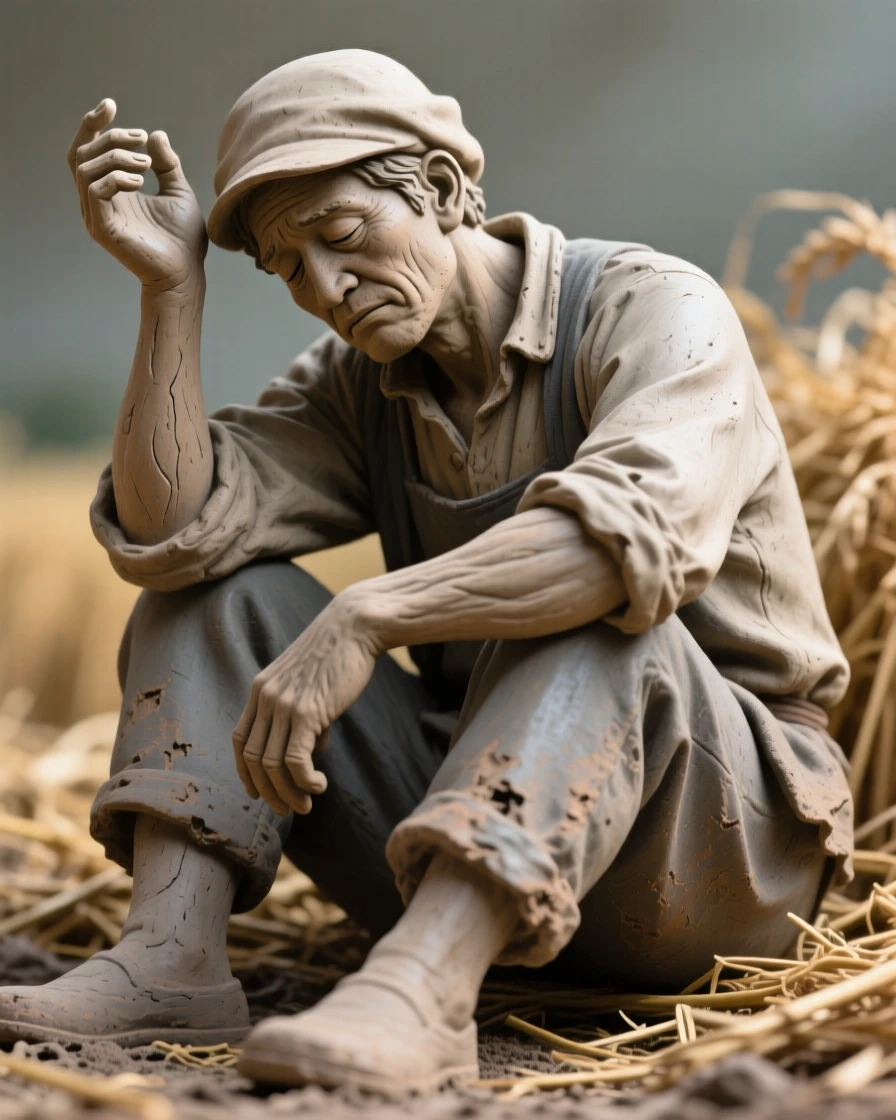 A farmer resting after a long harvest day captured in a fleeting moment of pure emotion, with expressive hands mid-gesture, capturing a universal moment of human connection.