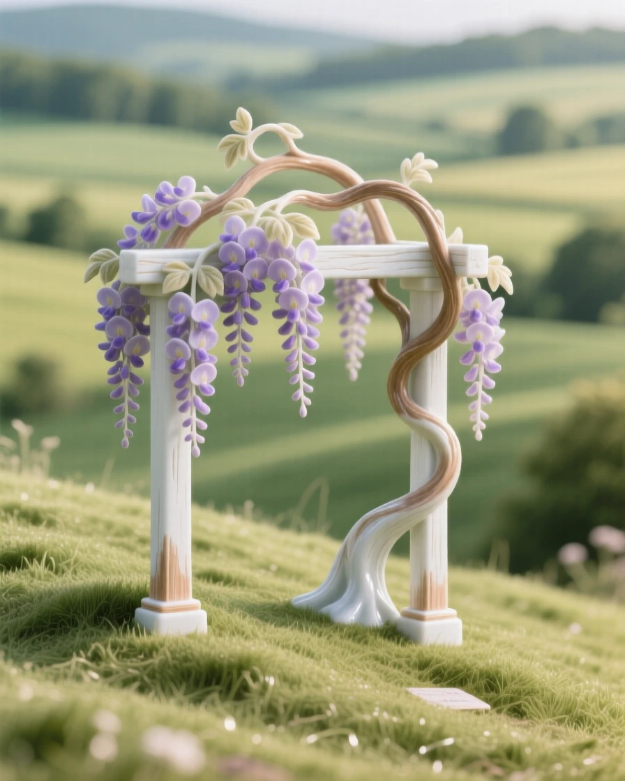 A ancient wisteria arbor standing alone on a grassy hill in a peaceful countryside meadow.