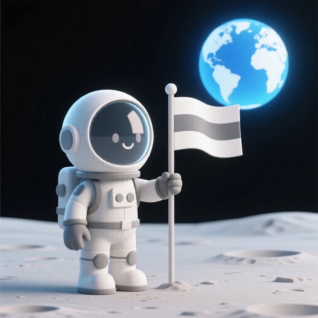 A proud astronaut plants a flag on the dusty surface of the moon, Earth glowing blue in the black sky above.