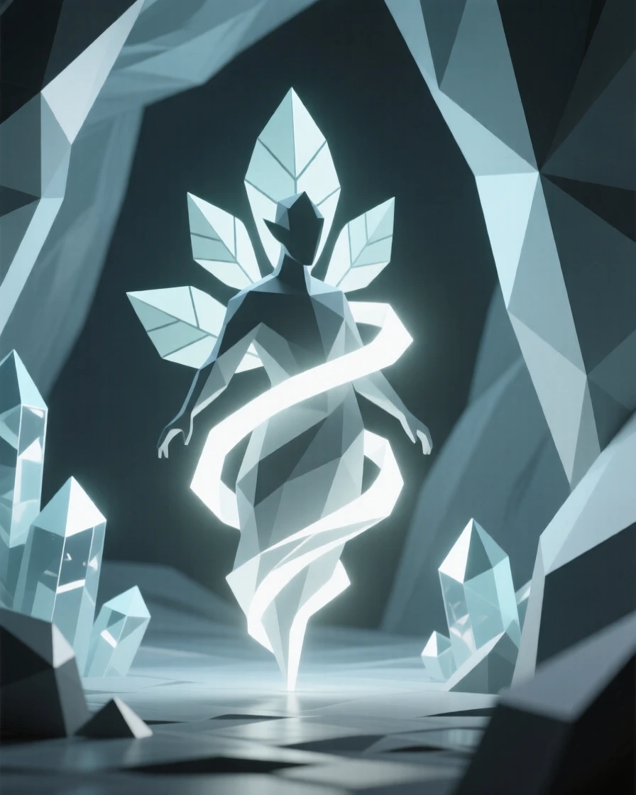A guardian spirit made of swirling leaves and light, inside a cavern glittering with crystal light. the composition frames the subject as a clear focal point. A sense of quiet enchantment fills the air.