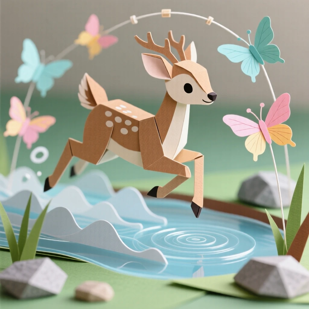 A shy baby deer leaping through shallow water, with butterflies fluttering nearby, conveying quiet dignity and grace.