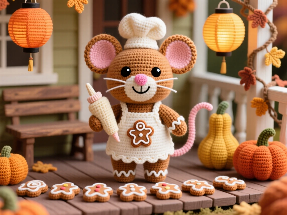 a cheerful gingerbread baker mouse, with icing on tiny paws, is shown decorating a row of gingerbread cookies in a cozy porch decorated with autumn gourds beside a cluster of paper lanterns swaying gently, capturing cozy holiday warmth and togetherness.