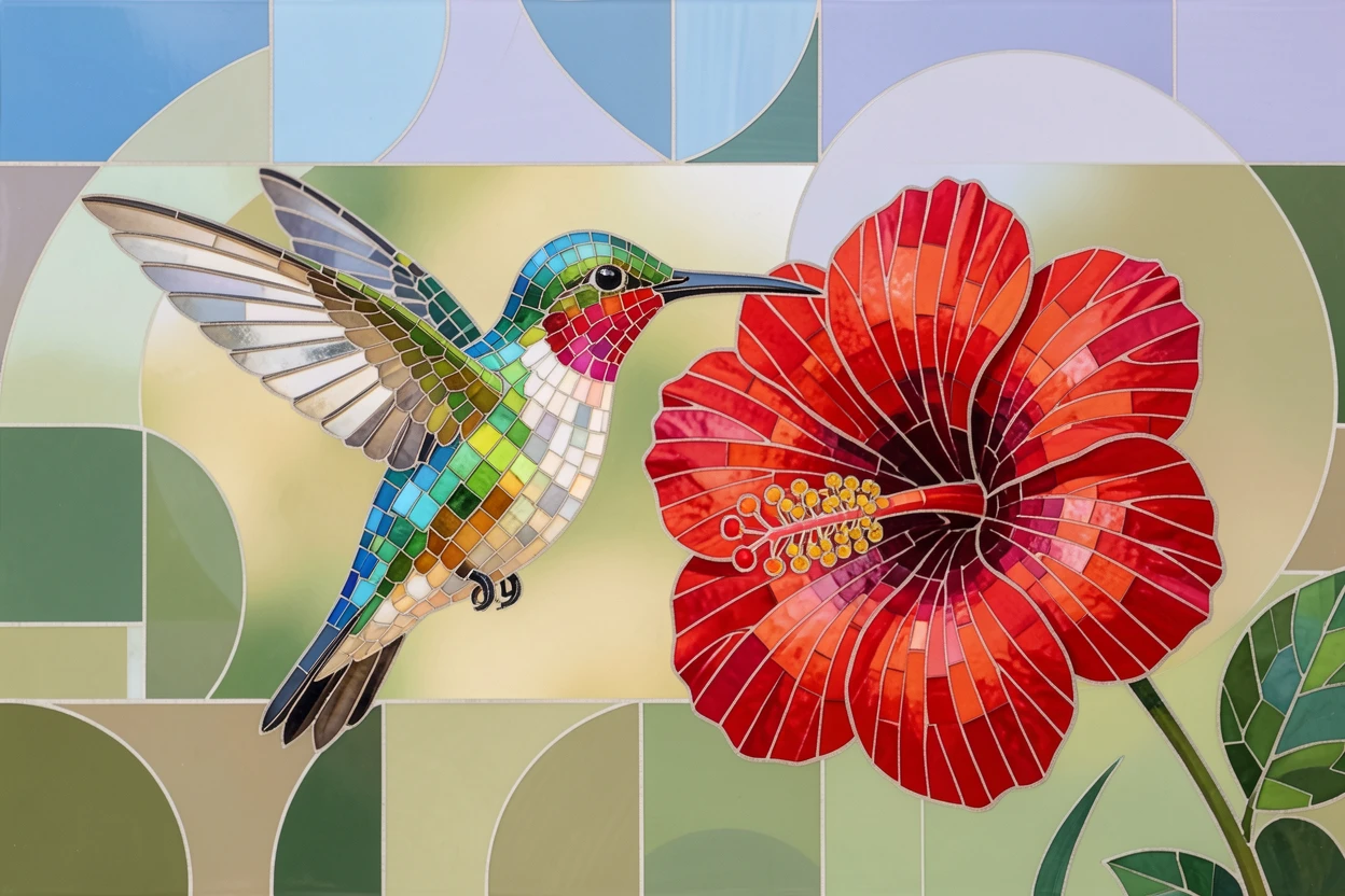 A hummingbird hovering beside a blooming red hibiscus, captured in soft natural light with a shallow depth of field.