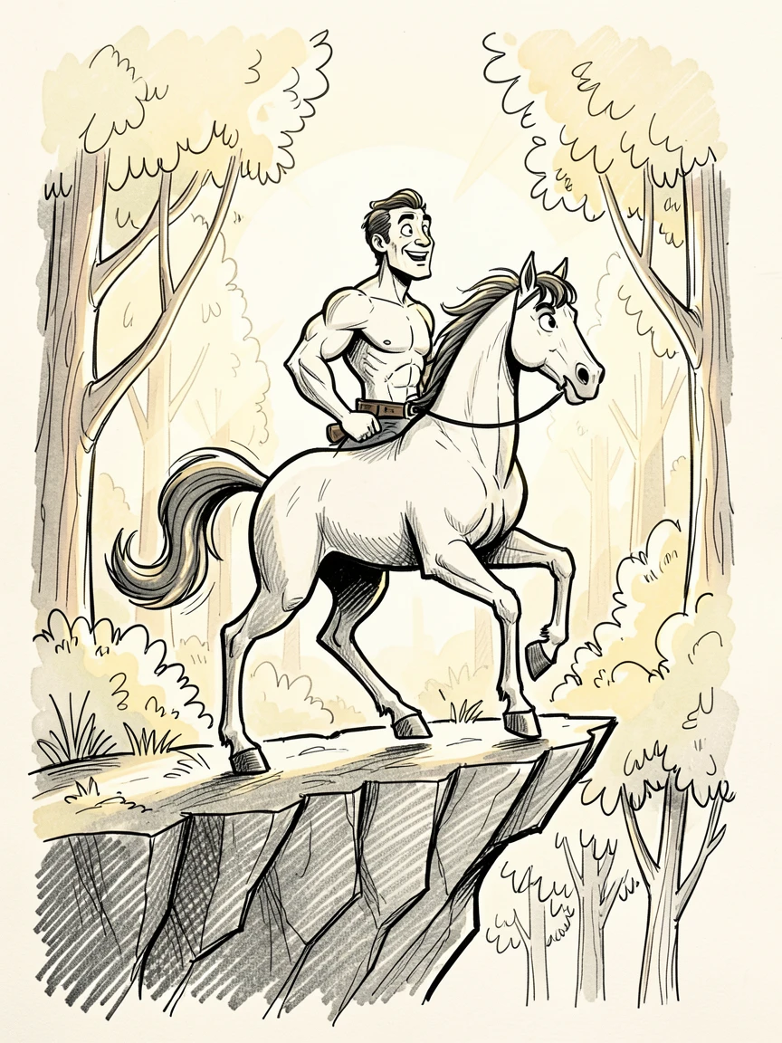 A centaur walking through a sunlit forest atop a cliff at sunrise.