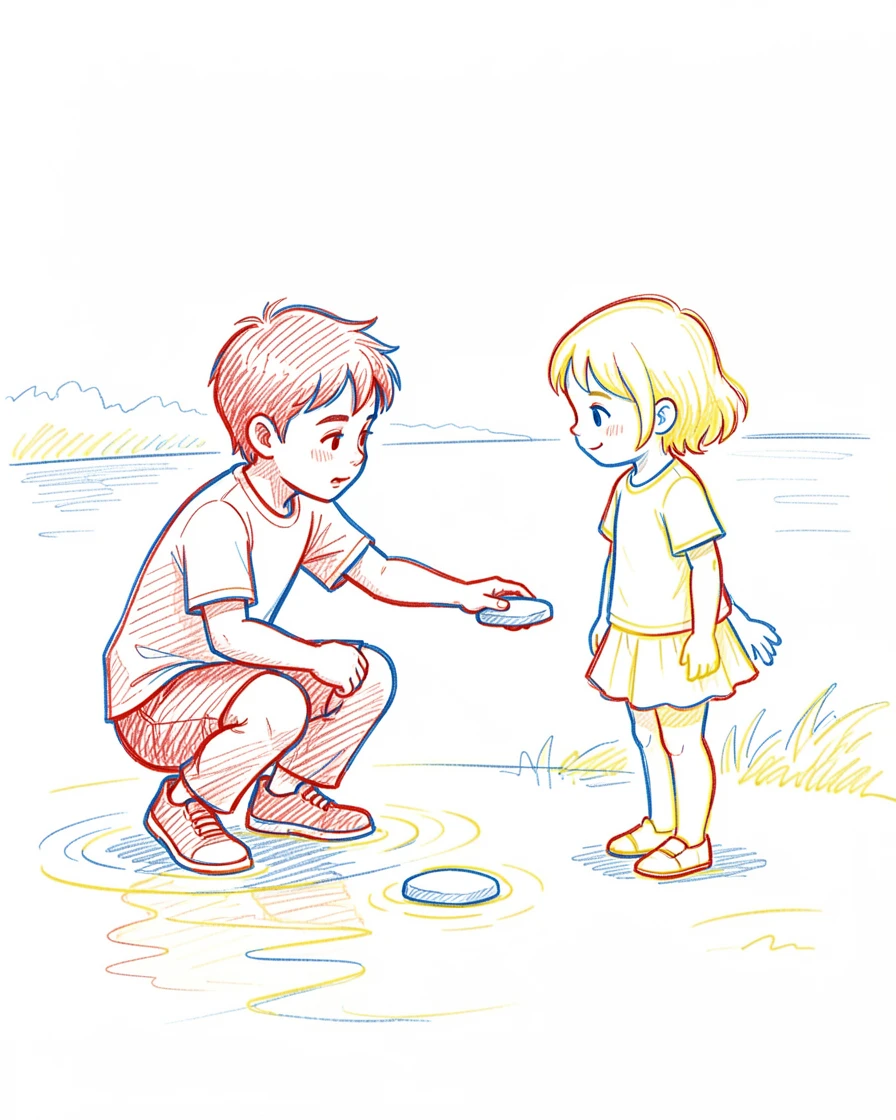 A young boy showing his little sister how to skip a stone