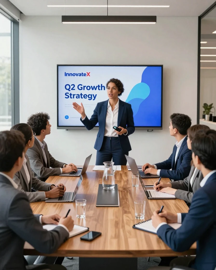 A startup founder presenting to investors in a boardroom