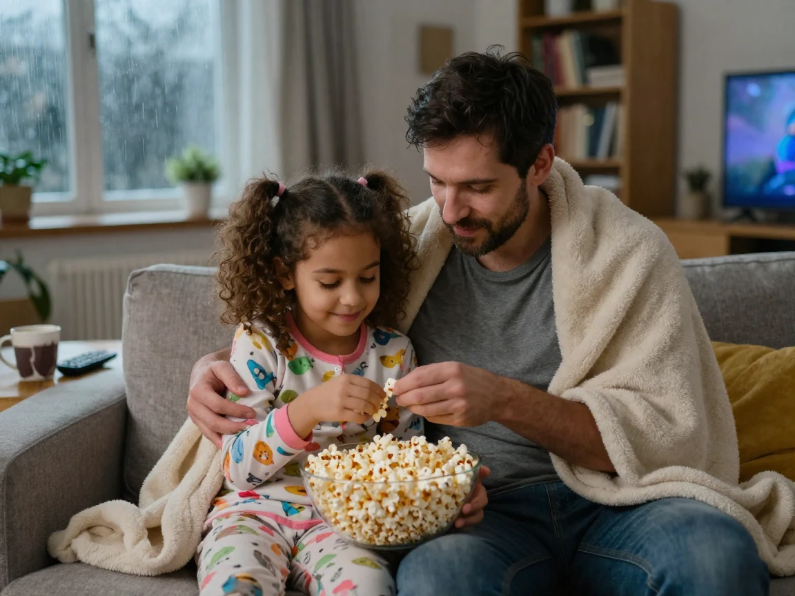 A father and daughter share popcorn during a rainy day movie marathon.