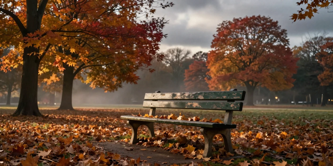 A single park bench, swept by strong autumn winds, quiet and still