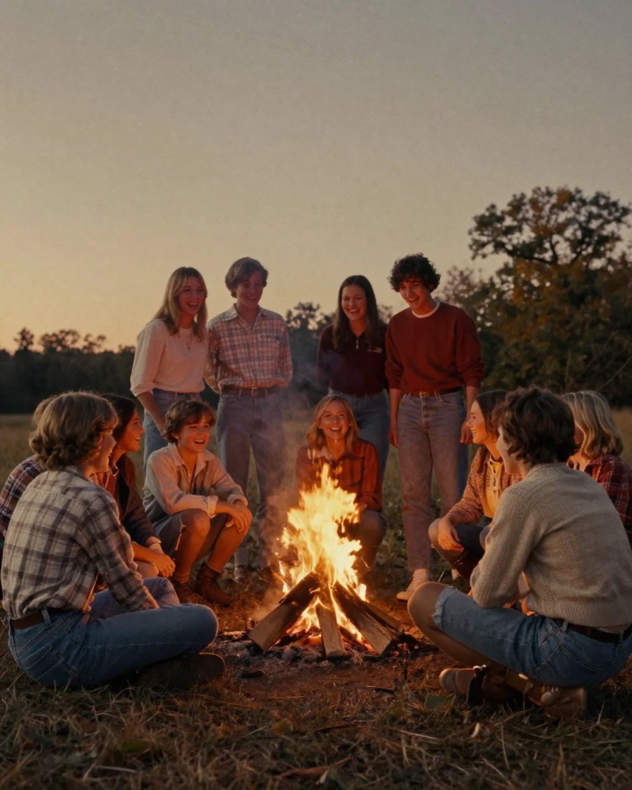 A group of childhood friends reunited, laughing around a bonfire, under a canopy of stars, as heat shimmers over the ground, as summer fades into fall, dominated by warm amber and rust tones, from a wide establishing view.