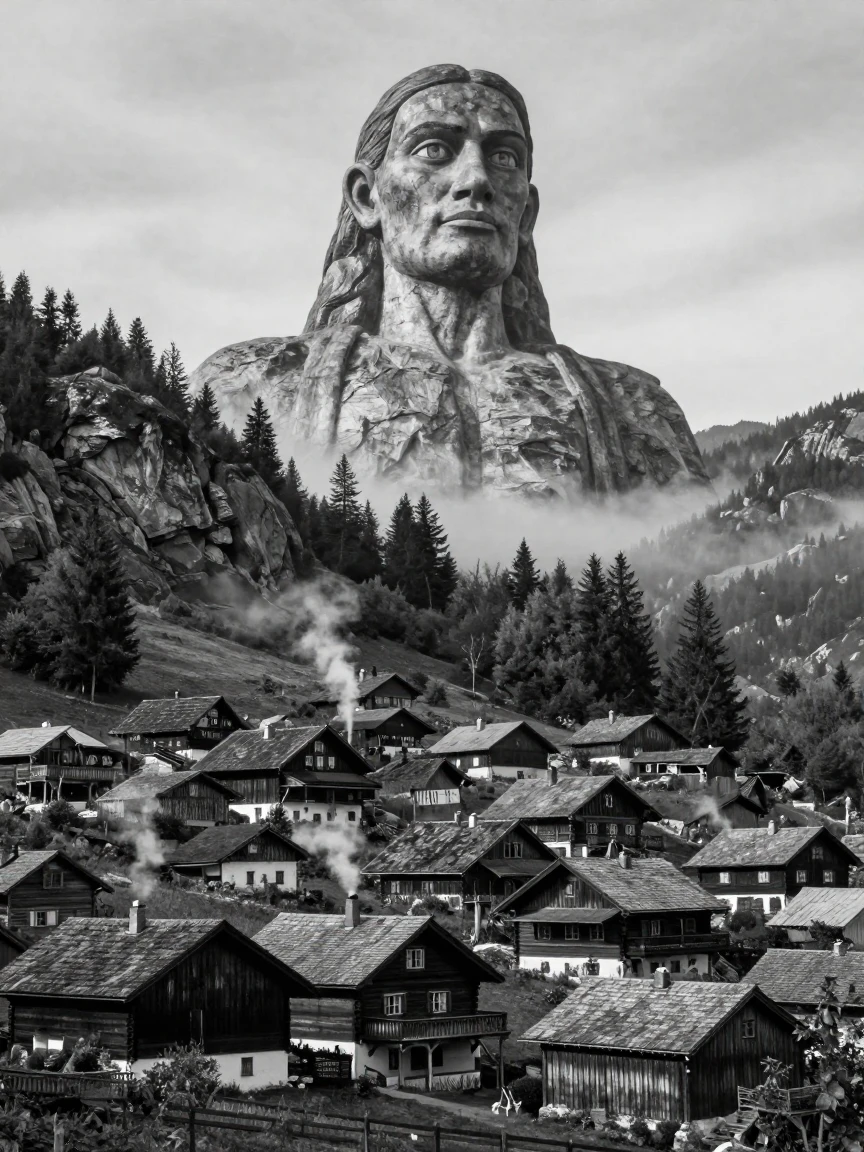 A giant towers over a tiny mountain village above a cluster of small cottages.